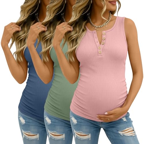 3 Pack Women's Maternity Tank Tops Ribbed Cotton Pregnancy Sleeveless Shirts Henley Side Ruched Basic Mama Clothes