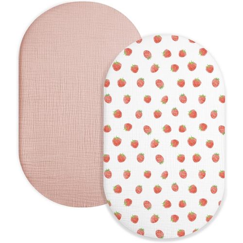Bassinet Sheet for Baby Boy Girl 2 Pack, Fitted Sheets for Rectangle, Oval, Hourglass Bassinet Mattress, Muslin Moses Basket Sheets (Strawberry & Pale Pink, Bassinet Sheet)