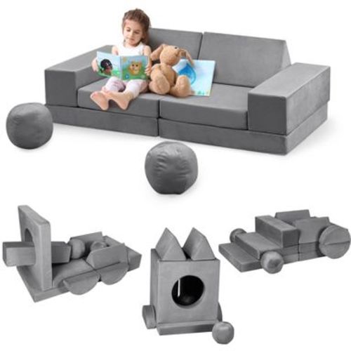 Modular Kids Couch 12 PCS Couch, Convertible Couch Kids Modular Play Couch, Fold Out Toddler Couch, Soft Foam Convertible Kids Sofa, Gray
