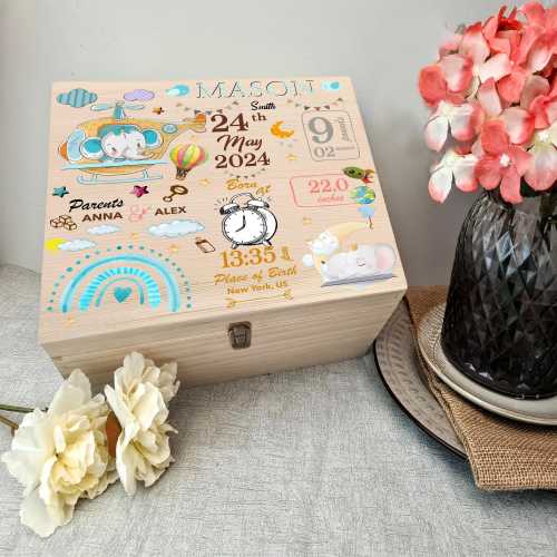 Personalized Baby Boy Memory Keepsake Box, Wooden Keepsake Box For Newborn Baby, Christmas Gift For Boys Kid, New Mom Keepsake Box