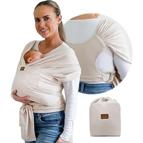 Stylish Beige & Gold Baby Carrier Wrap: Comfortable, Soft & Supportive, Adjustable Ring Sling for Mom & Dad, Ideal for Baby Registry, Newborn to Toddler, Baby Shower