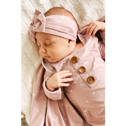 Tiny Hearts in Dusty Pink Newborn Baby Knot Gown & Hat Set | Caden Lane