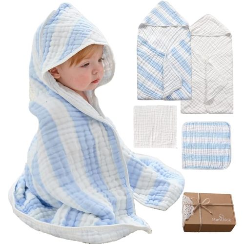 HardNok Muslin Hooded Baby Towel 4 Pack, 100% Organic Premium Cotton, (2) 6-Layer 32x32 Bath Towels & (2) Washcloths, Soft Newborn & Infant Gift Set (Blue Stripe & White)