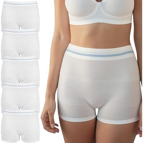 POPPED Disposable Postpartum Underwear (5 Pack) | Stretchy High Waist Boyshorts for C-Section, Surgery Recovery | Mesh Underwear for Women | Postpartum Essentials | One Size Fits Most (28"-48") White