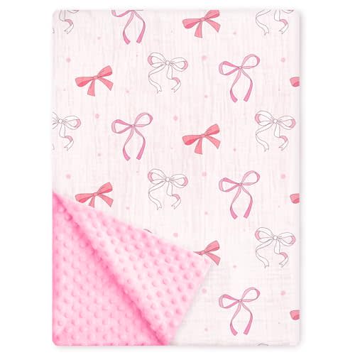 Pink Bow Baby Blankets for Girls, Soft Pink Bow Nursery Minky Blanket with Muslin Front and Dotted Fleece Back for Newborn Warm Pink Cute Blankets for Infant Toddlers 30 x 40in