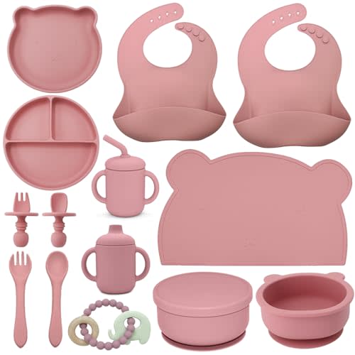 Silicone Baby Feeding Set, Baby Led Weaning Supplies Include Suction Plate Bowl,Baby Spoon Fork Bibs,Sippy Cup Baby Teether,Comfy and Safe Baby Essentials 14 Pack