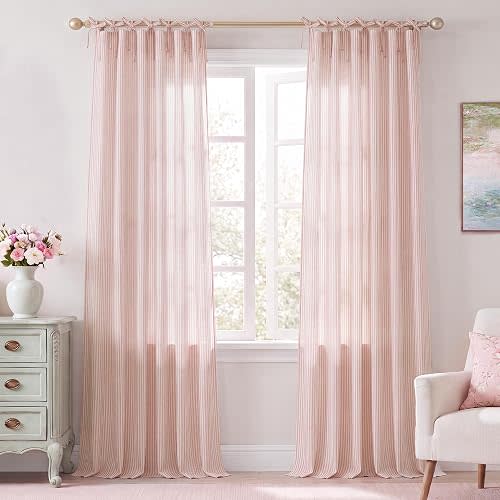 NICETOWN Pink Linen Bow Curtains for Girls Room, Tie Top Stripe Pattern Light Filtering Semi Sheer Window Treatments DIY Crafted Privacy for Bedroom, W52 x L96, 2 Panels