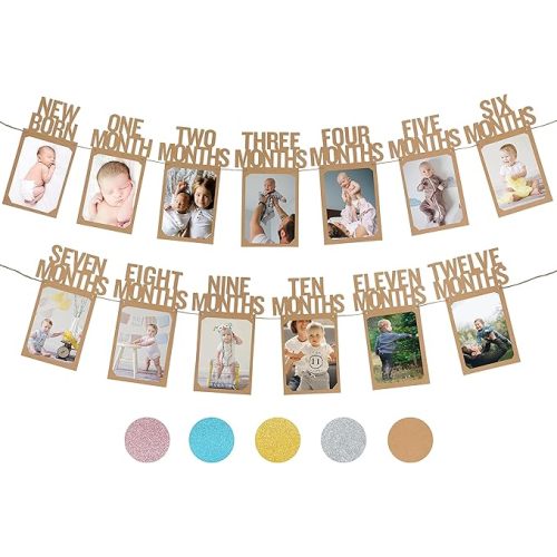 PartyHooman 1st Birthday Photo Banner for Baby from Newborn to 12 Months, First Birthday Decorations Boy or Girl Monthly Milestones Garland | 1 Year Old Photo Banner Pre-strung with Frame (Kraft)