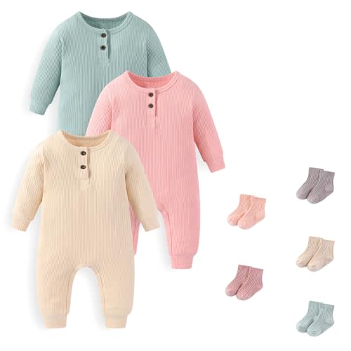 JELYLOVE Unisex Long Sleeve Baby Romper And Sock Solid infant Boy Girl Jumpsuits 0-24Months New Born Outfits