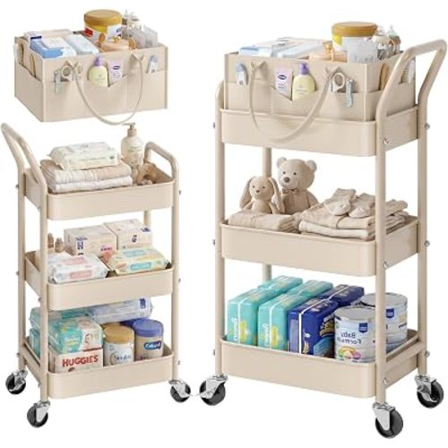 Baby Diaper Caddy Organizer Cart with Detachable Dividers, 3 Tier Metal Bedside Storage Rolling Cart with Wheels for Nursery, Postpartum Cart and Organizers for Newborn Essentials & Supplies (Oatmeal)