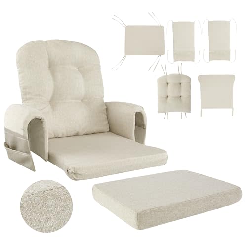 HOMBYS Glider Rocker Replacement Cushions with Storage Side Pocket,Linen-Like Fabric, Foam & Microfiber Filling, Non-Slip & Washable,Thickened & Supportive for Glider Rocking Chair (Khaki)