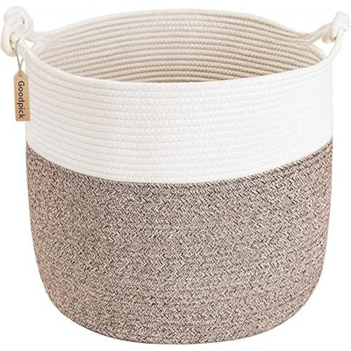 Goodpick Woven Laundry Basket, 15 x 14.2 Inches Cotton Rope Basket for Blankets, Soft Blanket Storage Baskets with Handles for Living Room, Woven Toy Storage Organizer for Nursery, Brown