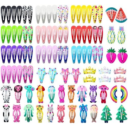Funtopia Hair Clips for Girls,100 Pcs No Slip Metal Snap, Barrettes for Kids Teens Women, Cute Candy Color Cartoon Design Hair Pins (Animals Fruits Crowns Stars)