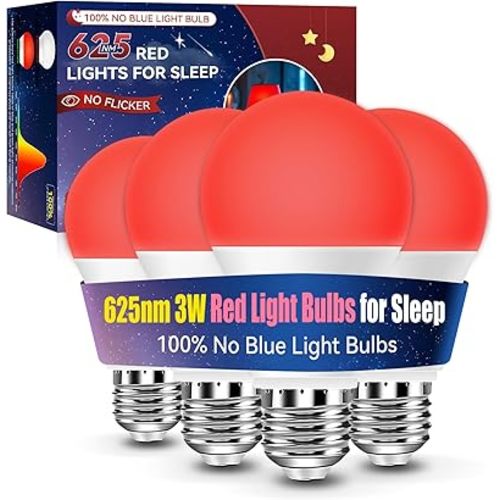 Neporal 3W 625nm Red Light Bulbs for Sleep, 100% Blue Light Blocking Bulb, Red Light Night Light for Melatonin Promoting, A19 40W Equivalent Dim Light Bulbs for Bedroom, Baby Nursery,4 Pack