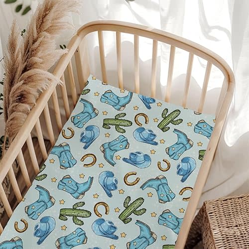 Blue Western Cowboy Boot Hat Baby Crib Sheets for Boy Girl 28"x52" Breathable Cowboys Cactus Stars Fitted Crib Mattress Cover for Standard Crib and Toddler Wild West Mattress