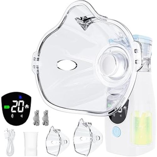 Mesh Nebulizer, Portable Handheld Nebulizer with LED Display, 3 Timing Modes & 3-Min Auto-Cleaning Countdown, Quiet Rechargeable Nebulizer for Adults & Kids(White)