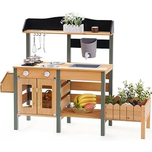 ROBUD Outdoor Mud Kitchen Set for Kids, Wooden Pretend Play Kitchen with Plant Growing Box, Real Faucet, Sink, Toy Accessories, Pretend Play for Kids Boys Girls Toys Age 3+