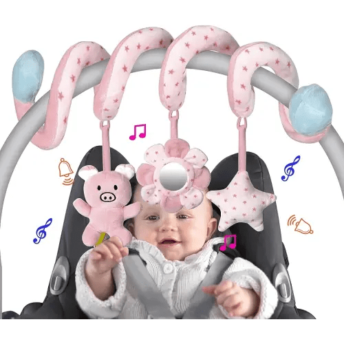 SAMMAS Car Seat Toys, Infant Baby Pink Pig Spiral Activity Hanging Toys Stroller Toys for Car Seat Stroller Bar Crib Bassinet Mobile with Mirror BB Squeaker and Rattles