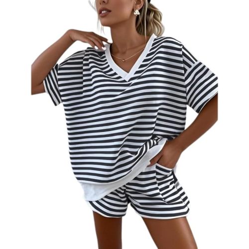 Melliflo Women 2 Piece Outfits Lounge Sets Striped Print Long Sleeve V Neck Sweatshirt and Shorts Set Sweatsuit