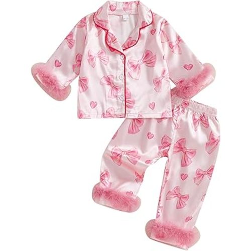 Douhoow Toddler Baby Girls Silk Satin Pajamas Set Feather Trim Long Sleeve Botton Shirt Tops Pajama Pant Fuzzy Lounge Pjs
