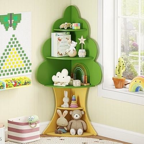 INFANS Tree Kids Bookshelf, Wood 5-Tier Corner Bookcase, Baby Montessori Shelf Rack Children's Bookcase, Toy and Book Toddler Storage Organizer for Preschool, Kids Room, Playroom Boy Girls Gift