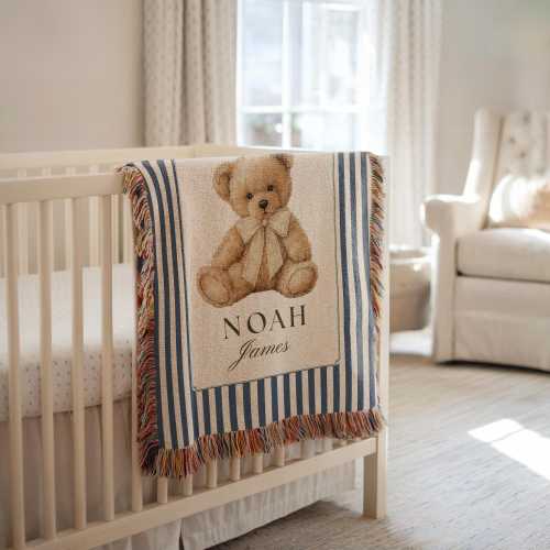 Custom Woven Teddy Bear Baby Blanket Striped Bear Blanket Personalized Bear Blanket Bear Nursery Blanket Newborn Custom Name Blanket for Boy