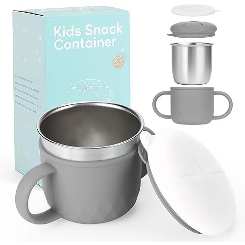 Toddler Snack Containers Stainless Steel Spill-Proof Snack Containers for Toddlers with Spill-Proof Silicone Lids and Handles 4-in-1 Baby Snack Cup is Dishwasher Safe for Easy use On The Go(Grey)