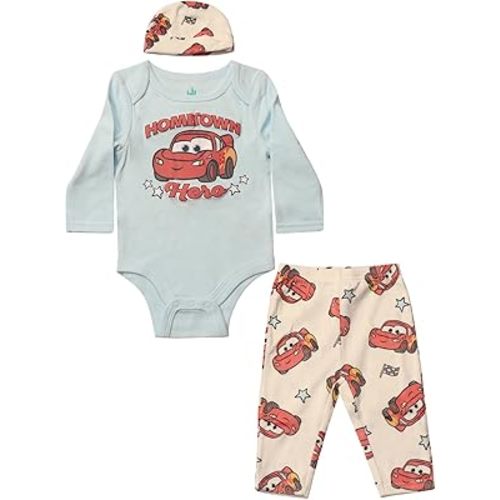 Magic Threadz Disney Clothes Baby Boys Bodysuit, Pants & Hat 3-Piece Outfit – Mickey, Pooh, Stitch, Cars, & Spiderman (0–9M)