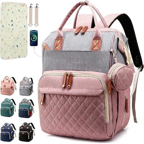 SHITIESHOU Diaper Bag Backpack Baby Bag, Baby Girl Boy Diaper Bag for Dad Mom with Pad, 16 Pockets, Pacifier Case, Large Diaper Bags Unisex for Travel(Pink Grey)