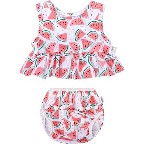 ALVABABY Swim Diaper with Matching Top, Baby Reusable Toddler Swimsuit,Infant Bathing Sleeveless Tankini Swimwear
