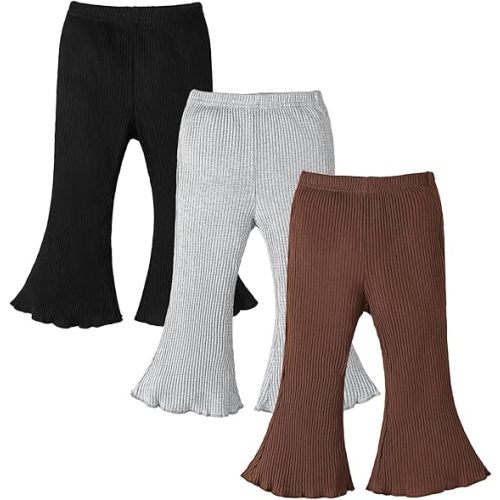 3 Pack Baby Girl Pants: Infant Solid Ribbed Flare Pants Cotton Pull On Bottoms Leggings for Toddler 0-24 Months