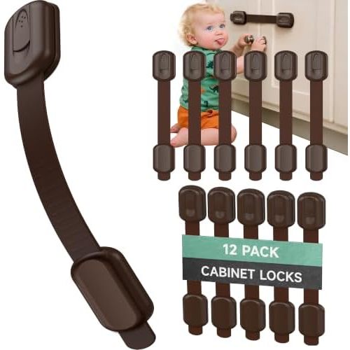 Infinno 12 Pack Cabinet Locks Baby Proofing Heavy Duty - Child Safety Cabinet Locks for Drawers, Cupboards & Fridge – No Drill 3M Adhesive Locks for Pets - Toddler Safety Latches-Brown
