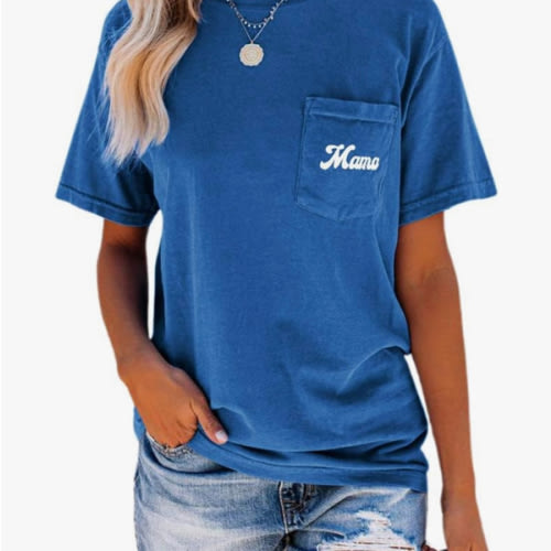 NIUBIA Women's Letter Print Basic Crew Neck Tee Summer Short Sleeve T-Shirt with Pockets Loose Fitting Tops