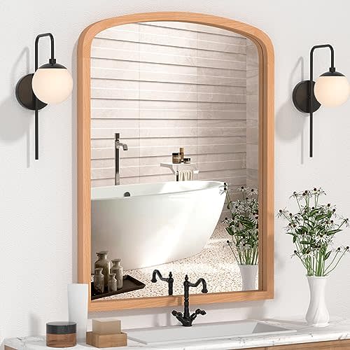 Wood Arched Bathroom Mirror for Wall 40" x 30" Vintage Vanity Mirror for Wall Decor Entryway, Living Room
