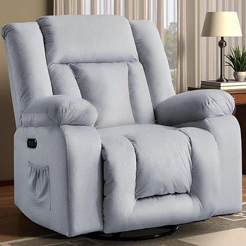 Oversized Power Recliner Chair, Swivel Rocking Chair for Adults, Electric Glider Reclining with Massage and Heating, Waffle Fabric Rocker Recliner with Side Pockets for Living Room, Bedroom