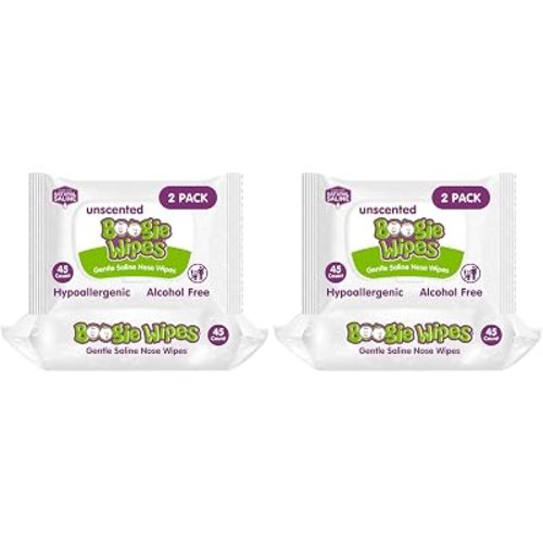 Boogie Wipes Natural Saline Nose Wipes for Kids and Babies, Unscented, 90-Count (Pack of 2)