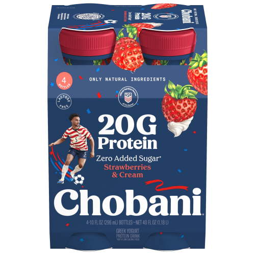 Chobani 20G Protein Low-Fat Greek Yogurt Drink, Strawberries and Cream 10 fl oz Bottle, 4 Pack