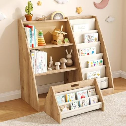 Kids Bookshelf with Storage, Detachable Montessori Toddler Bookshelf, Solid Pine Wood Front Facing Bookshelf with 6 Sling Pockets & 3-Tier Organizer, Nursery Bookcase for Playroom Bedroom
