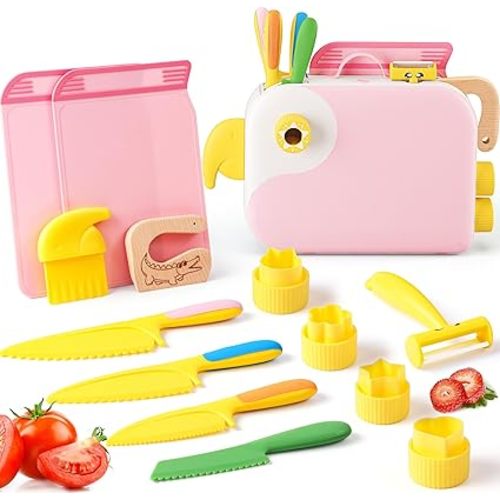 Toddler Girl Cooking Set with Storage Box-Girls Pink Kitchen Set,Safe PP Material Baby Girl Montessori Kitchen Tools for Real Cooking,Dishwasher Safe,Fun Bird-Shaped Little Chef Set