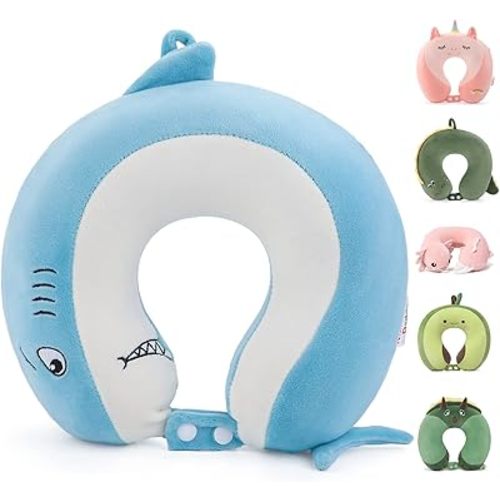 Kids Travel Neck Pillow for Ages 3-8, Memory Foam, Removable Cover, Shark