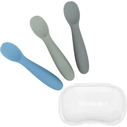 WeeSprout Baby Spoons for Self Feeding 6 Months +, Soft & Durable Silicone Utensils for Sensitive Gums & Teeth, Easy Grip Handles & Shorter Length for Little Hands, 3 Pack + Carrying Case