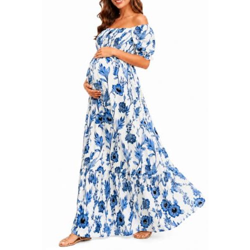 Pinup Fashion Maternity Baby Shower Photoshoot Pregnancy Summer Maxi Dress | Off shoulder, smocked top, puff short sleeves, A-line cut, floral, casual, boho, perfect for baby bump growth,postpartum.