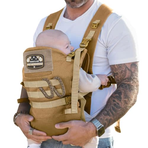 Dad Baby Carrier for Men with Adjustable Hip Snaps - Soft Infant Carrier with Magnetic Sunshade Protector, Newborn Bibs, 2 Carabiners, Removable Waist Strap | Holds Babies and Infants Up to 44 Lbs Tan