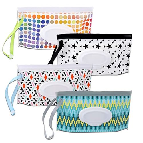 FEBSNOW 4 Pack Baby Wipe Dispenser, Portable Wet Wipe Holder Container, Reusable Wipes Dispenser Cases, Lightweight Travel Wet Wipe Pouch