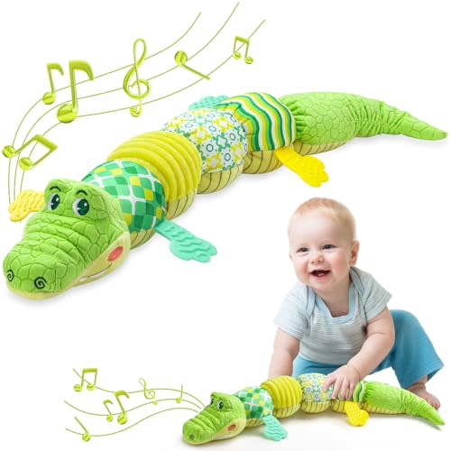 Awotoy Baby Toys 0 to 12 Months, Musical Stuffed Animals Activity Soft Toy with Multi-Sensory Crinkle, Rattle and Textures, Infant Tummy Time Toys for Newborn Boys Girls, Crocodile, Green