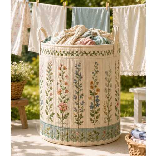 Wildflower Quilt Laundry Basket, Wildflower Floral Storage Hamper, Cottagecore Quilted Laundry Bin, A Gift For Someone Loves Flowers