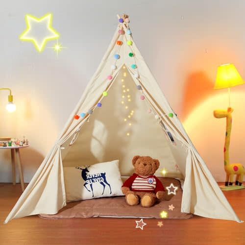VEVOR Teepee Tent for Kids Indoor - Tent for Kids with Damp-Proof Mat & Decorative Balls, Durable Kids Play Tent Outdoor with 19mm Frame & Non-Slip Bottom, Toddler Tent for Boys and Girls Aged 3+