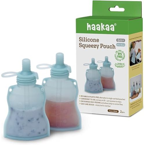 Haakaa Silicone Yummy Pouch 4.5 oz – Reusable Silicone Snack & Smoothie Pouch, Refillable, Leak-Resistant, Dishwasher Safe, Eco-Friendly Food Storage for Kids & Toddlers (2-PK, Mist Blue)