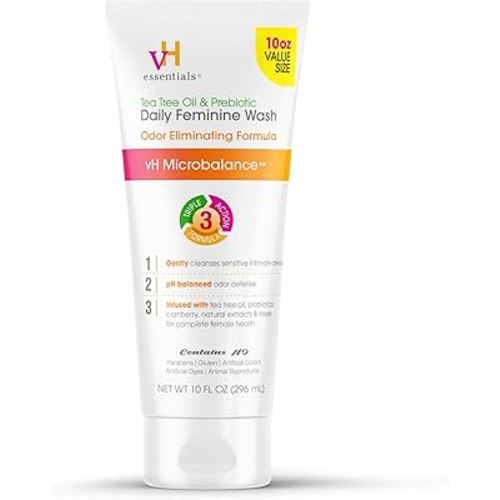 vH essentials Daily Feminine Wash - 10 Fl Oz - Odor Eliminating Vaginal Wash with Tea Tree Oil, Prebiotics and Cranberry, gentle cleanser + pH balancing