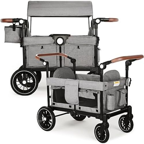 TODEFULL Wagon Stroller for 2 Kids, Foldable Kids Wagon Cart Featuring with Harnesses, Adjustable Double Push Handle, Removable Canopy, Snack Tray, Large Storage Bag, Gray